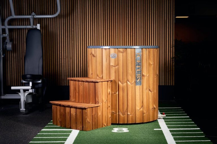 Timber-clad cold plunge with matching access steps